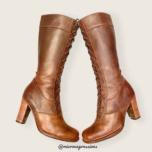 Vintage Frye Villager Brown Leather Knee High Tall Heeled Zip Up Lace Up Boots - Picture 7 of 15